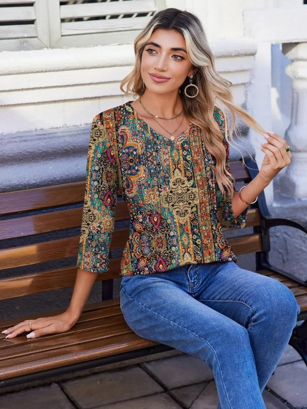 Boho Floral Blouse with V-Neck | 3/4 Sleeve Tunic Top for Work & Casual Wear